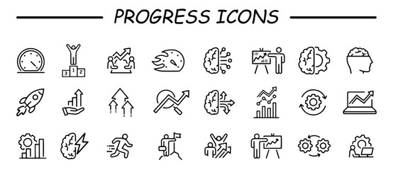 Progress line icons set with Career, Growth, Profit, Target, Graph, Investments, Profession, Success, Development, Strategy, Improvement, Achievement, Increase and more. 
