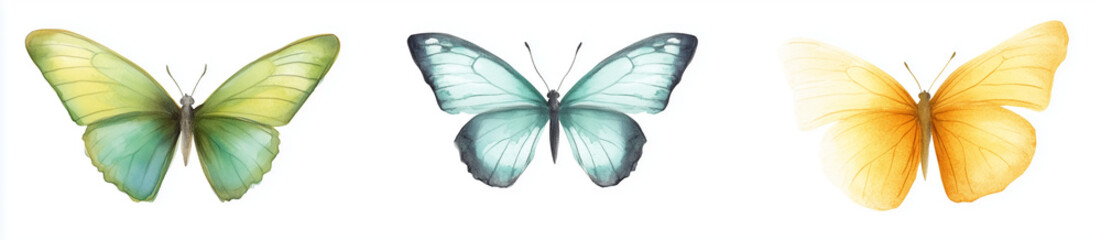 3 different flying butterflies, green and blue colors on white background, nature's colors concept.