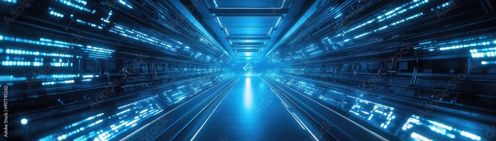 Poster abstract tech tunnel with glowing edges, high-tech design