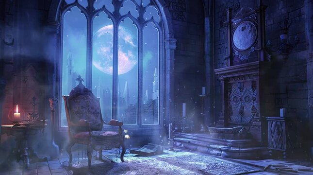 Misty castle room with an ancient window overlooking a full moon on a misty night.
 Seamless looping 4k time-lapse virtual video animation Generated AI