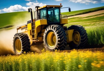 Obraz premium powerful machinery operating vigorously amidst colorful lively landscape, assembly, construction, industrial, tools, machines, operation, technology