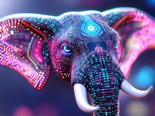 Obraz premium A vibrant and futuristic elephant adorned with glowing circuitry patterns