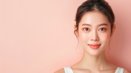 Smiling Woman with Soft Makeup on Pink Background