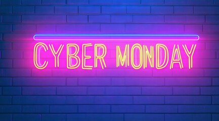 Obraz premium Neon sign displaying Cyber Monday in vibrant colors against a blue brick wall