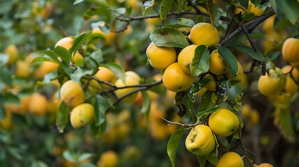 A leafy tree with ripe yellow quince fruits and a void beneath it
