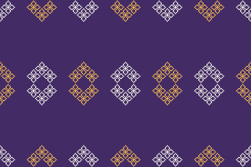 Traditional ethnic motifs ikat geometric fabric pattern cross stitch.Ikat embroidery Ethnic oriental Pixel violet purple label background. Abstract,vector,illustration. Texture,decoration,wallpaper.