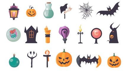ミステリアスで幻想的なハロウィンアイコンセット：キャンドルと魔法のアイテムが揃う不思議な世界