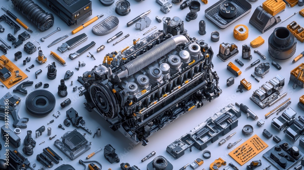 Poster high-tech engine diagnosis in isometric view with tools and equipment on white background