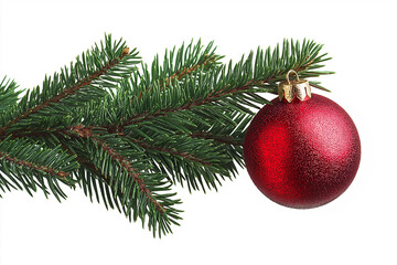 Christmas tree branch with red ball isolated on white background

