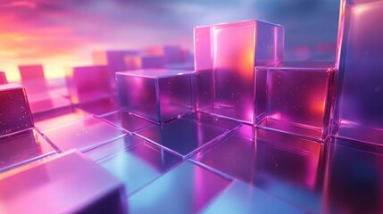 3D geometric cubes with reflective surfaces, modern abstract background