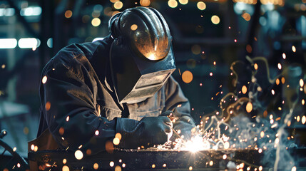 A dedicated worker in protective gear skillfully welds at night, surrounded by flying sparks in a bustling factory setting