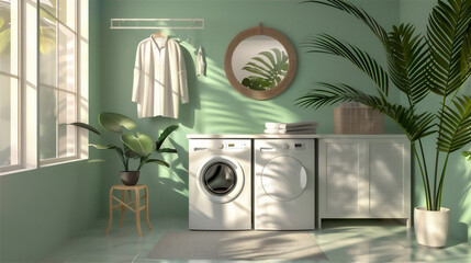 Laundry room interior with tropical theme, version 5