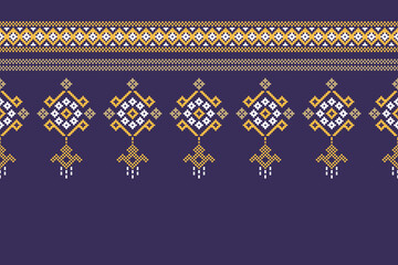 Traditional ethnic motifs ikat geometric fabric pattern cross stitch.Ikat embroidery Ethnic oriental Pixel violet purple label background. Abstract,vector,illustration. Texture,decoration,wallpaper.