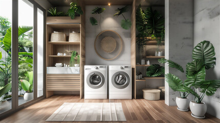 Laundry room interior with tropical theme, version 5