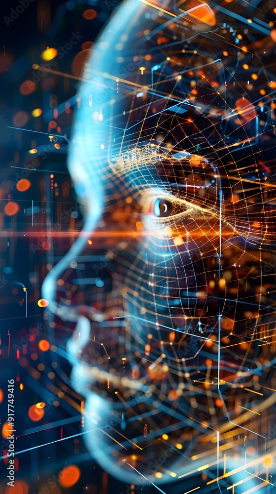Poster abstract digital human face with lines and bokeh lights.