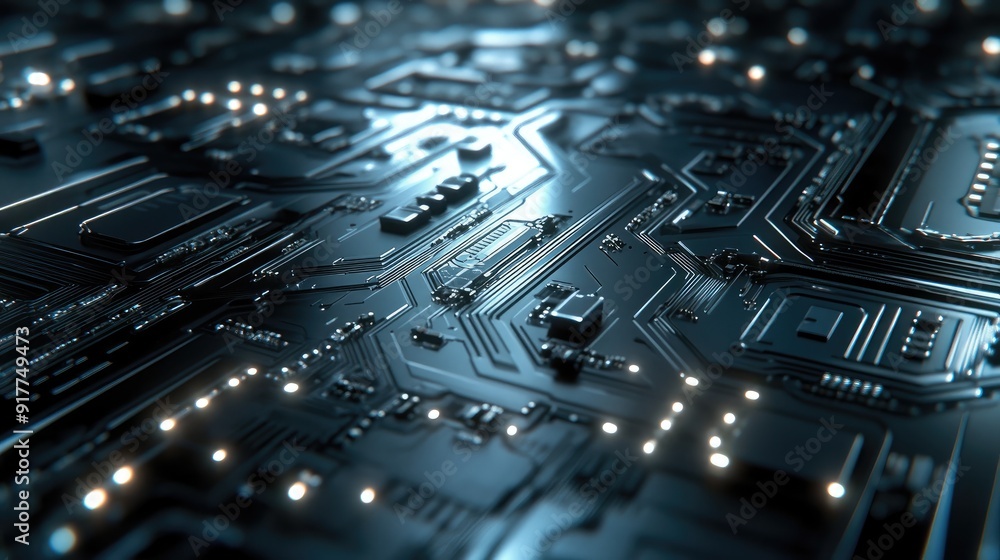 Poster abstract tech circuitry with metallic textures, sleek design