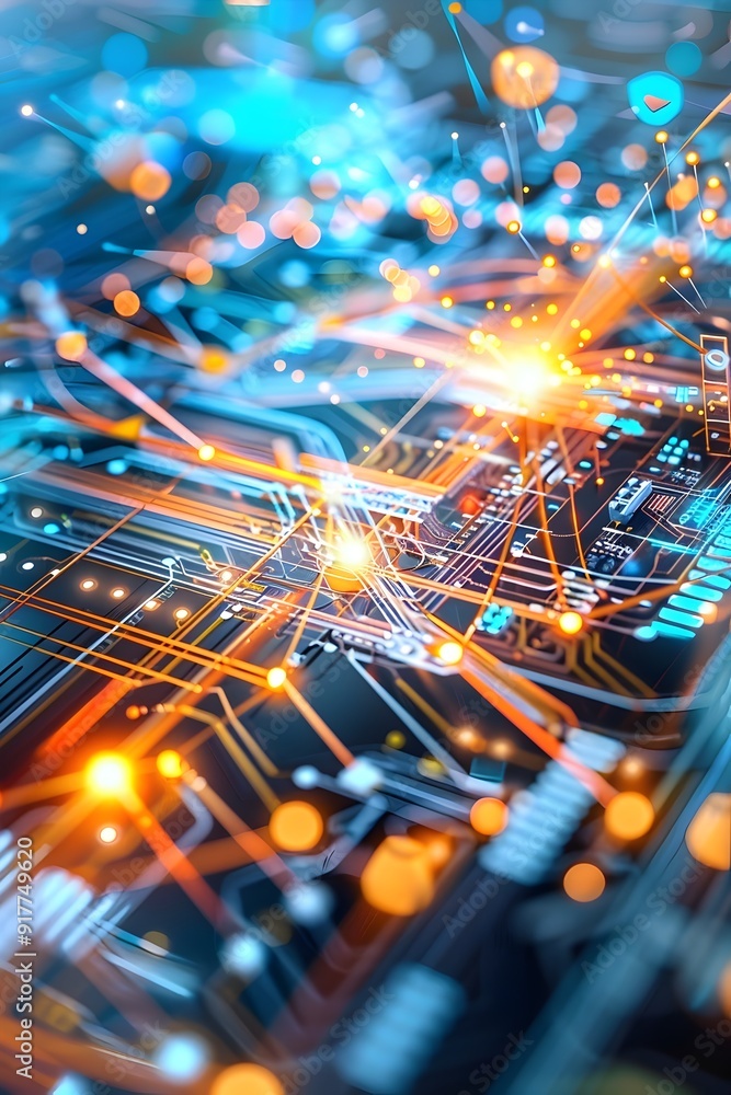Poster abstract circuit board with bokeh lights.
