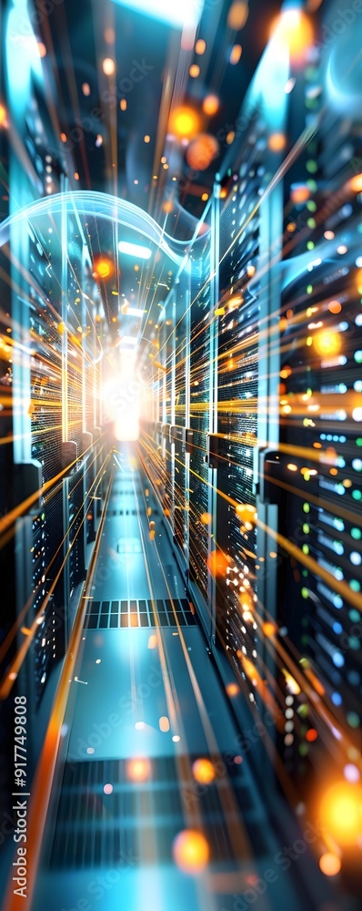 Poster server room with bright lights and data flow.