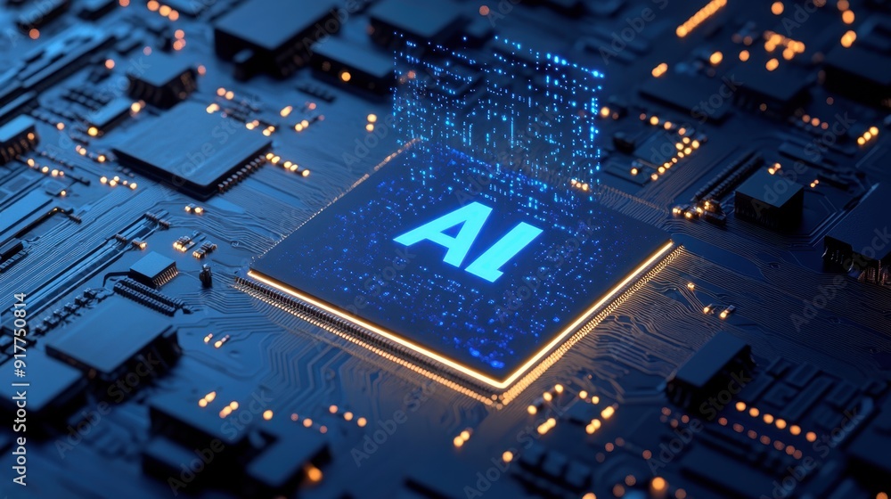 Poster futuristic ai technology concept with 3d chip and holographic text in blue color scheme