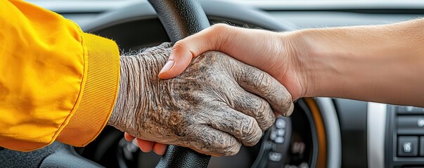 Close-up of a worker s weathered hand gripping a steering wheel, next to a smoother, younger hand on the same wheel, symbolizing generational differences in labor