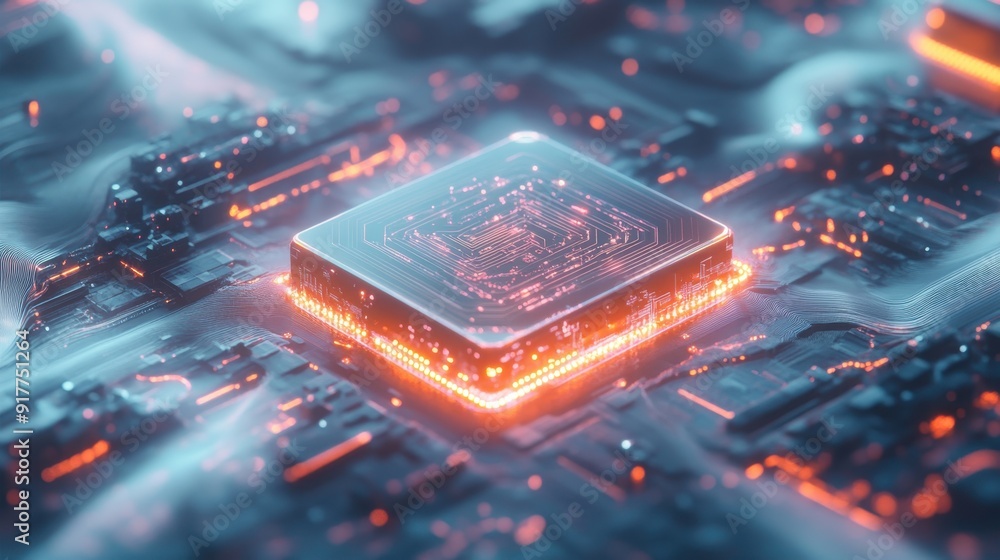 Poster futuristic 3d chip with glowing holographic ai display on tech background