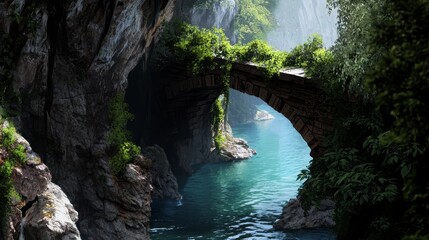  A bridge spans a body of water, enclosed by a verdant forest and a rocky cliff on the opposite riverbank