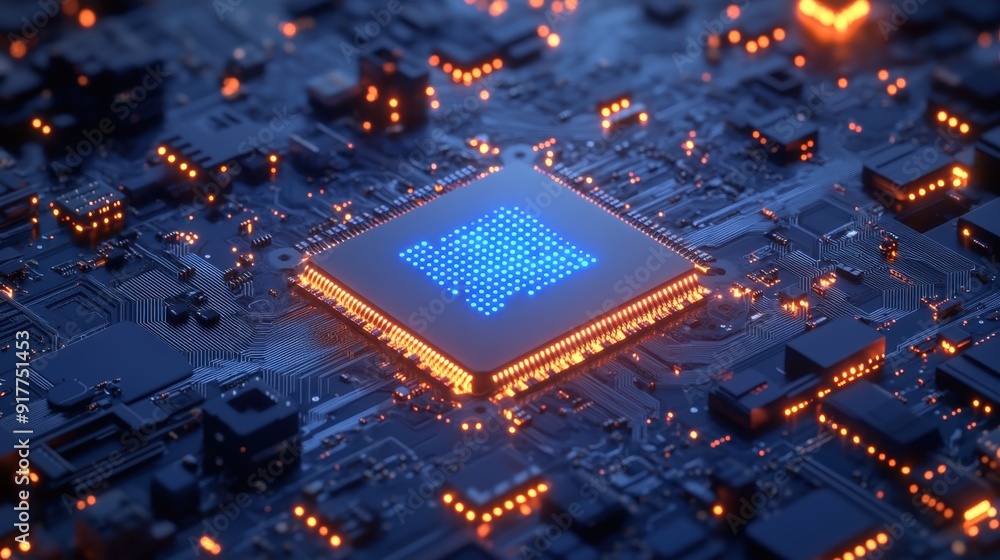 Poster futuristic ai chip technology concept in blue tones with cinematic tech background - 3d rendering