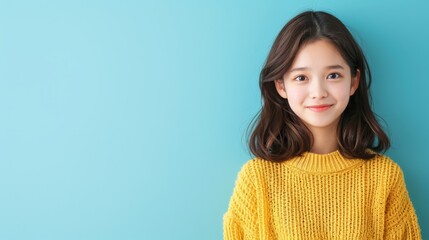 Fototapeta premium Smiling woman in yellow sweater against blue background