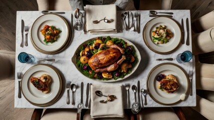 A top-down view of a gourmet dinner table set with various dishes, glasses of wine, and elegant tableware.