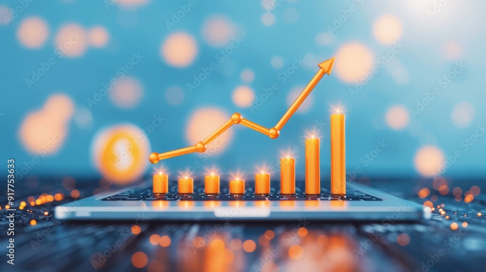 Poster rising bar graph on laptop keyboard with bokeh