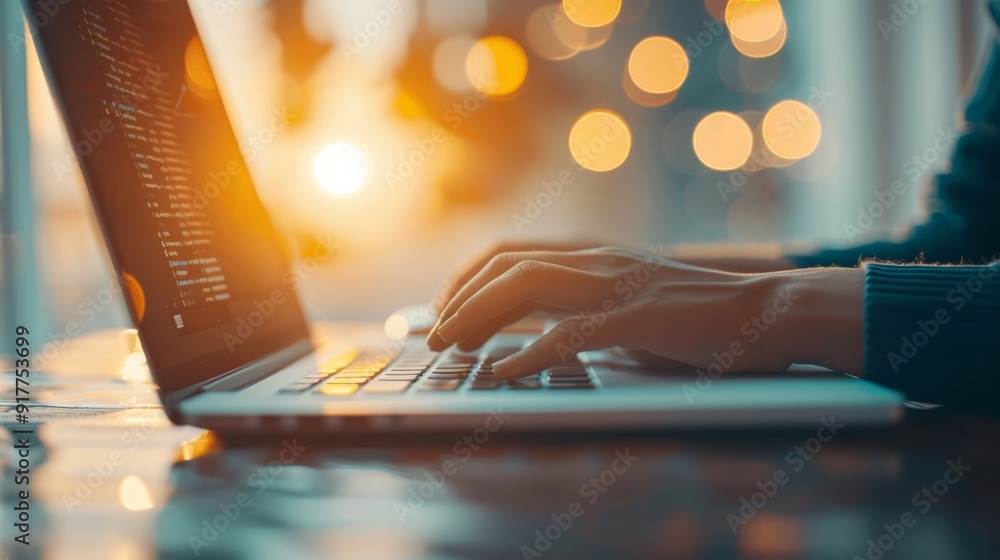 Poster hands typing on laptop with bokeh background