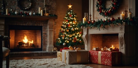 Christmas interior with decorated Christmas tree, presents and fireplace. Christmas and New Year celebration concept