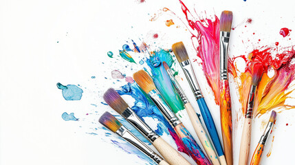 Obraz premium A collection of paintbrushes with colorful splashes and strokes on a white background, leaving space for a title or message