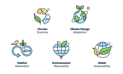 Environmental Action Icon Set: Circular Economy, Climate Change Adaptation, Habitat Restoration, Stewardship, and Global Sustainability. Vector Editable Stroke and Colors.