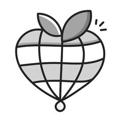 Heart-Shaped Globe with Leaves: Global Love, Environmental Stewardship, Planetary Care, Nature Conservation, Sustainable Development. Vector Editable Stroke and Colors.