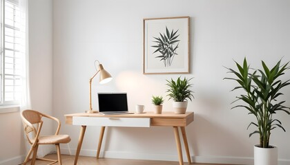 Modern office interior. A minimalist home office with a wooden desk, a laptop, a potted plant, and a framed botanical print on the wall