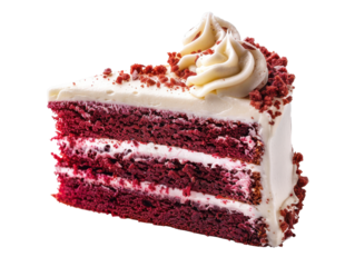 Delicious red velvet cake slice topped with creamy frosting, perfect for dessert lovers and special occasions.