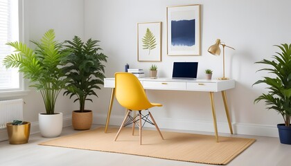 Modern office interior. A minimalist home office with a wooden desk, a laptop, a potted plant, and a framed botanical print on the wall