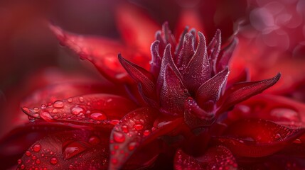 A tight shot of a red flower with dewdrops on its petals and a glistening wet center