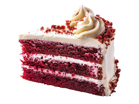 Delicious red velvet cake slice topped with creamy frosting, perfect for dessert lovers and special occasions.