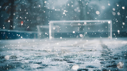 A snowy soccer field with a goal 