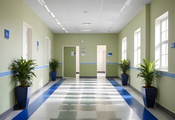 Corridor in a hospital. A long, well-lit hospital corridor with white walls, blue trim, and several closed doors along the sides. The floor is tiled with a blue and white pattern