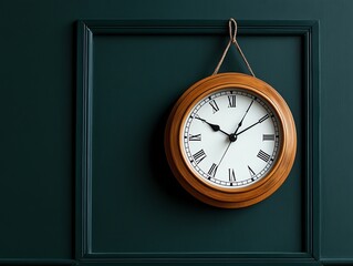 Close-up of an old-fashioned schoolhouse clock with a large round face and black hands, hanging above a chalkboard, evoking nostalgia