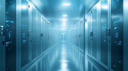 Modern data center server racks with blue lighting