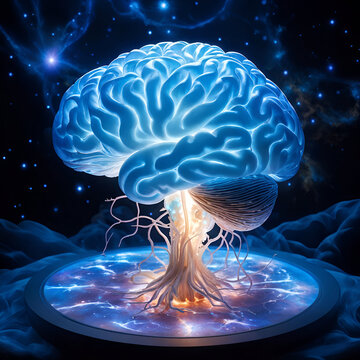 Celestial Mind": A hyper-realistic depiction of a luminous brain at the heart of an expansive cosmic scene, surrounded by swirling nebulae and distant galaxies. Studio lighting with a cool, blue tint 