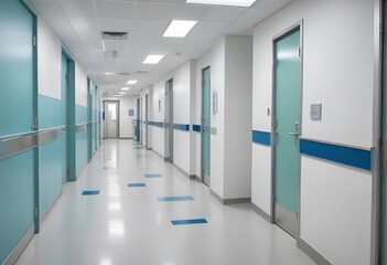 Obraz premium Corridor in a hospital. A long, well-lit hospital corridor with white walls, blue trim, and several closed doors along the sides. The floor is tiled with a blue and white pattern
