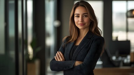 Confident Business Pose: A businesswoman in a power suit, confidently posing with arms crossed in a modern office.
