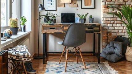 A cozy home office with refurbished wooden desk and stylish chair