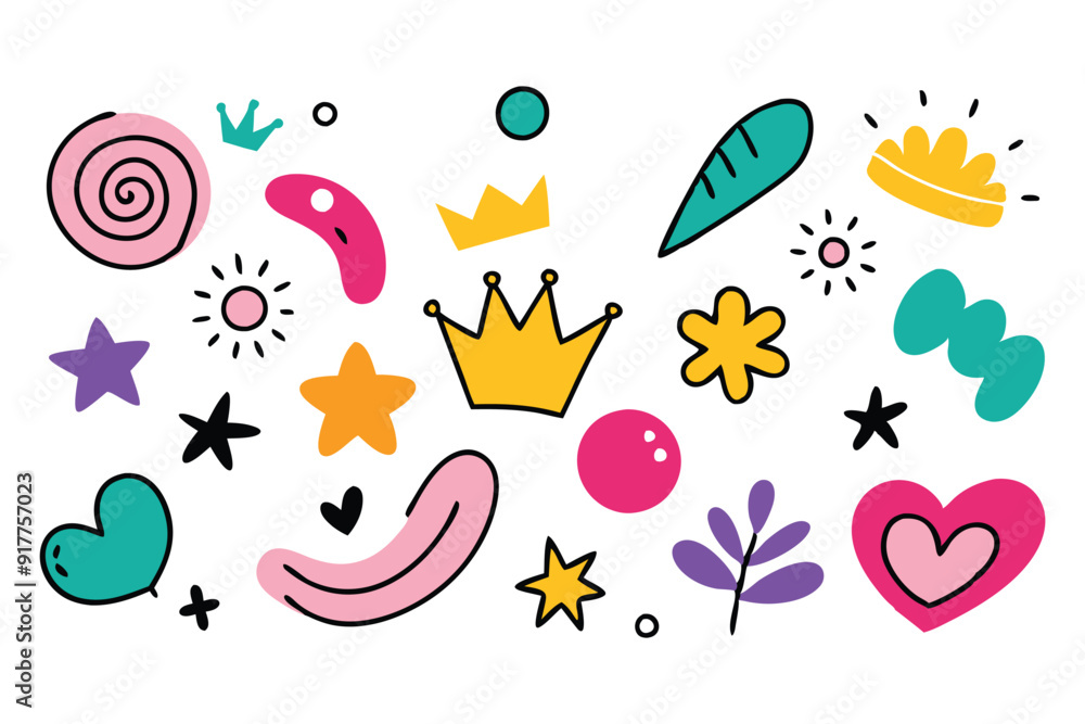 Wall mural a vibrant collection of doodles featuring hearts, stars, and crowns in various colors, showcasing pl