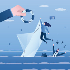 Obraz premium Hand give lifebuoy for business people on sinking ship in crisis. Rescue business from crisis, bankruptcy or misfortune. Support or assistance for company